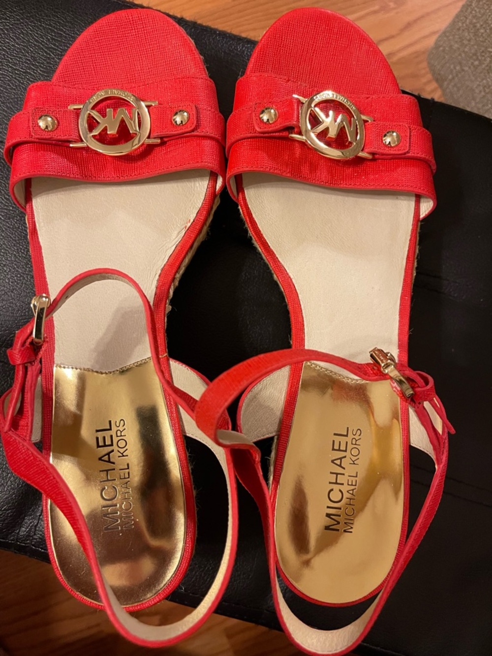 Michael Kors Red Canvas Espadrille Wedge Sandals with Gold Logo - Picture 3 of 5